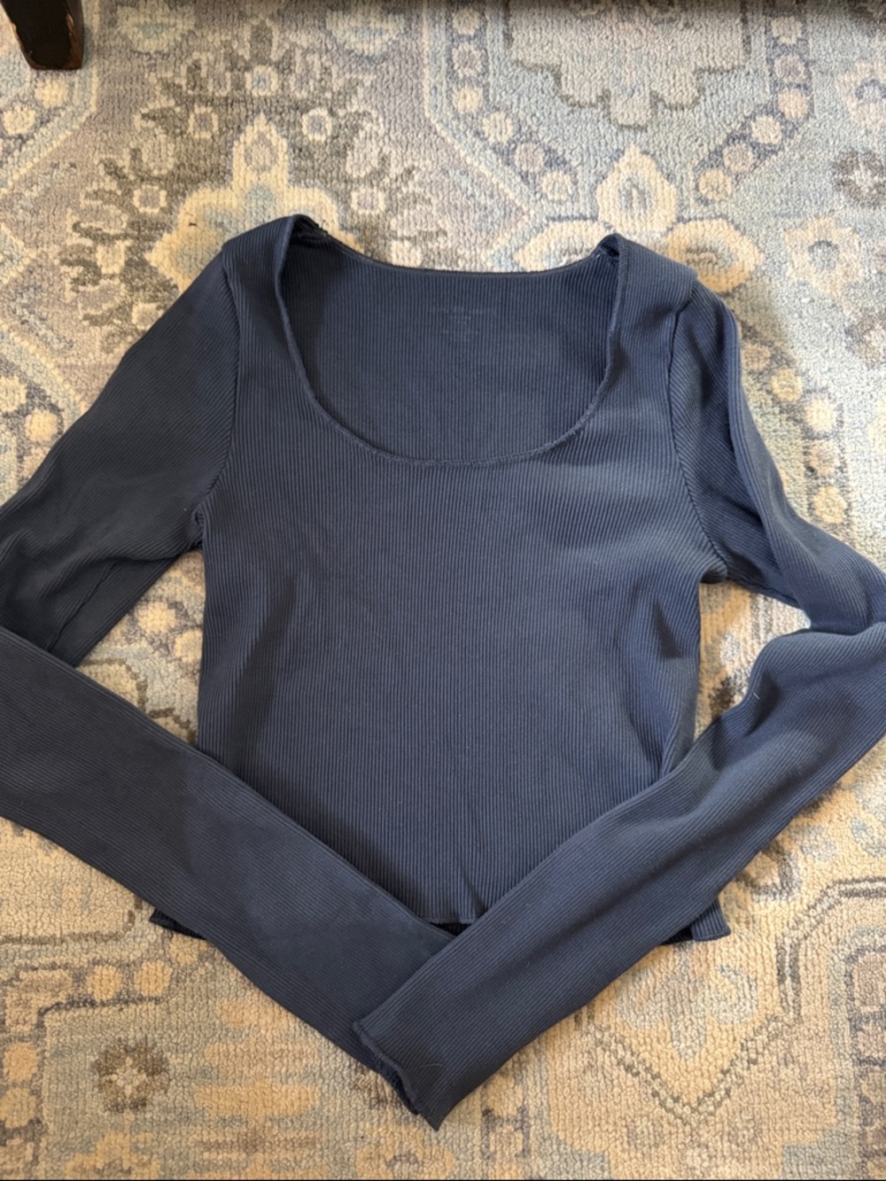 Brandy Melville Navy Ribbed Scoop Neck Long Sleeve Top
